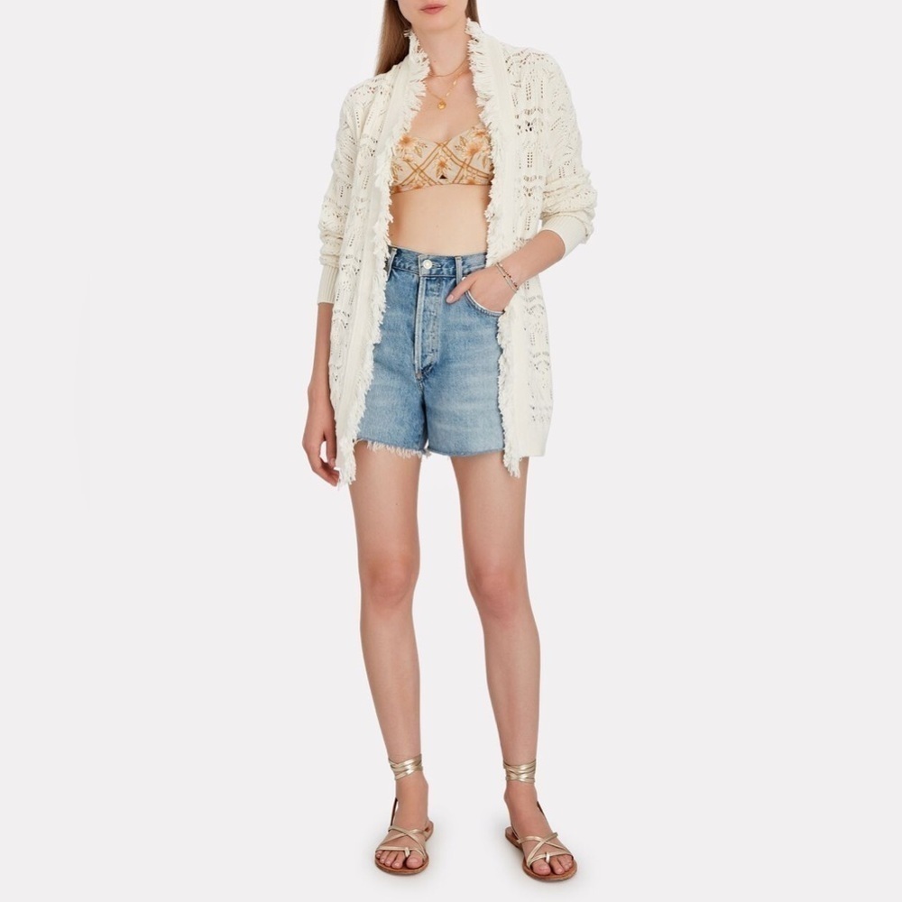 INTERMIX Brady Pointelle Silk-Cotton Wrap Cardigan in White Size Medium.
